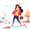 Girl walks in the autumn park, a walk in the fresh air. Leaves are falling, the wind is blowing. Vector