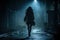 Girl walks away down dark alley alone, silhouette of woman at night