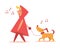 Girl walks with dog.