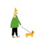 A girl walks with a dog in medical masks. Dog on a leash. Vector illustration isolated on a white background.