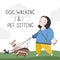 A girl walks with dogs. Animal walking services. Sitter for dogs, color vector illustration in flat style