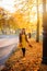 Girl walks in yellow dress in autumn park