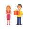 Girl was offended. Men holding gift box and smiling. Vector characters