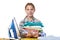 Girl with washed linen around ironing board and iron isolated