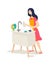 The girl washes the dishes. Vector. Flat cartoon style. The keeper of the hearth does housework. A young woman wipes her dishes