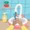 The girl washes her hands with tap water. Flat vector illustration