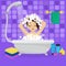 Girl washing in bathroom under shower vector illustration. Home body spa and hygiene with soap foam bubbles.