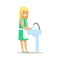 Girl Washing Dishes Smiling Cartoon Kid Character Helping With Housekeeping And Doing House Cleanup