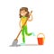 Girl Washing The Floor With Mop And Water Smiling Cartoon Kid Character Helping With Housekeeping And Doing House
