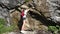 Girl Washing Hands, Child Drinking Water from Mountain River, Kid Washing Face in Waterfall, Hiking at Camping, Alpine Trails Trip