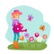 Girl with watering can. Women watering flowers in springtime. Cute vector illustration in cartoon style.