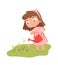 Girl watering flowers. Baby with watering can cares for garden. Isolated cute little cartoon child meadow vector