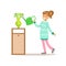 Girl Watering Home Plants Smiling Cartoon Kid Character Helping With Housekeeping And Doing House Cleanup