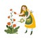 Girl watering tomato with watering can. Young Woman Working in Garden or Farm. Vector Illustration isolated