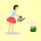 Girl watering tulips with watering can .Vector illustration.