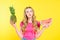 Girl with watermelon and pineapple Isolated On yellow