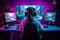 A girl wearing headphones sits in front of three monitors. Streamer, hacker, gamer