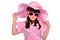 Girl wearing pink dress, hat and glasses