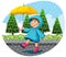 A girl wearing raincoat holding umbrella in a rain