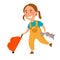 The girl went on a trip with a suitcase. A cute child hurries to the flight with a rabbit in his hands.