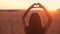 Girl on wheat field making heart symbol at sunset