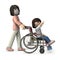 A girl in a wheelchair and a nurse pushing it. Recovery and hope. White background.