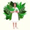 Girl in the white dress with plants in hands. Cute summer card with lots of green tropical leaves.