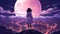 A girl in a white dress stands on the background of a remote evening city in anime style. Top view