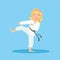 Girl In White Kimono Doing Leg Sidekick On Karate Martial Art Sports Training Cute Smiling Cartoon Character