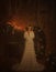 A girl in a white vintage dress with open shoulders stands against the background of an old piano and candles. Gothic