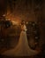 A girl in a white vintage dress with open shoulders stands against the background of an old piano and candles. Gothic