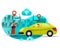 Girl who Order Taxi or Cars for Traveling in the City. Share Ride Using Mobile City Transportation. Flat Cartoon Style. Vector Ill