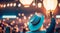 A girl in a wide-brimmed white hat enjoys relaxing at the evening paper lantern festival