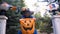 Girl in witch costume holding Trick or Treat bag, asking for candies on camera