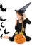 Girl in a witch costume, stares to the side.