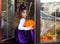 A girl in a witch costume on the windowsill by the window at a Halloween party, decorating the house cobwebs, bats, spiders,