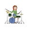 Girl woman plays the drum set. Vector color illustration.