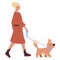 A girl, a woman in a red coat, a dress, walks with a dog on a leash. Vector illustration