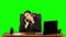 Girl at workplace is working on laptop, talking on two phones and sawing nails. Green screen