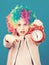 Girl worry about time. Time to have fun. Discipline and time concept. Circus performance timing. Kid colorful curly wig