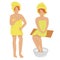 Girl in a yellow bathrobe-towel on a white background stands and sits. vector flat. rest and hygiene.