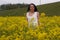 A girl in a yellow flower field, a beautiful spring landscape, a bright sunny day, canola.