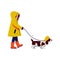 Girl in yellow raincoat and rubber boots has walking with dog basset hound in rain southwest hat. Vector illustration in flat