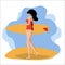 Girl in a yellow swimsuit standing with surfboard. Summer time concept illustration. Cute vector illustrtion in flat cartoon