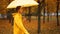 girl with yellow umbrella Slow motion rain city park. side view young woman hiding under umbrella from raindrop. walk