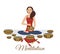 Girl yoga meditates with Tibetan singing bowls. Woman plays music. Relaxation after yoga. Enlightenment with deep music.