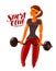 Girl or young woman holding a heavy barbell in hands. Fitness, gym, bodybuilding vector illustration