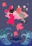Girlfriend with haircut in the form of bouquet of roses and crimson skirt and boyfriend are flying on pink cloud in night sky