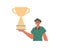 The girlfriend holds the achiever 's cup in his handwrite. Trendy style, Vector Illustration