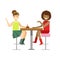 Girlfriends Chatting Sharing A Cake, Smiling Person Having A Dessert In Sweet Pastry Cafe Vector Illustration